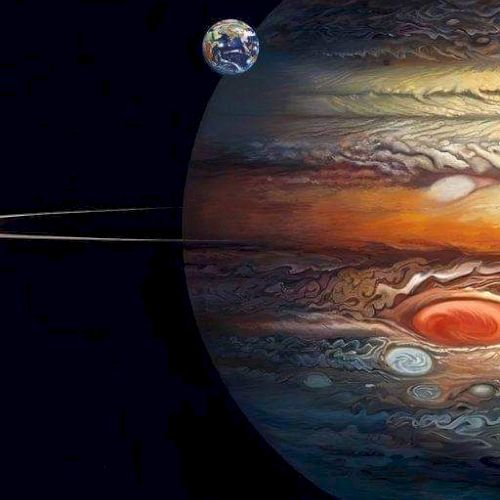 An artistic depiction of Jupiter with its Great Red Spot, a spacecraft, and a distant view of Earth against a dark space background.