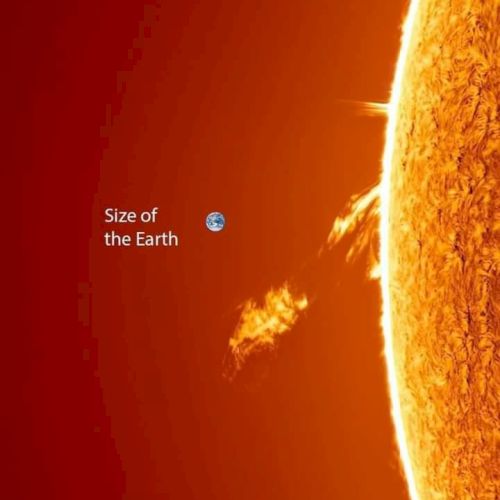 The image shows a portion of the Sun with a small Earth icon for scale comparison, highlighting Earth's size relative to the Sun.