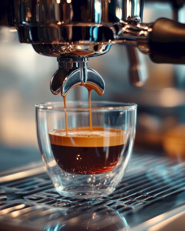 An espresso machine is brewing coffee into a clear glass cup, with crema forming on top, in a warm, softly lit setting.