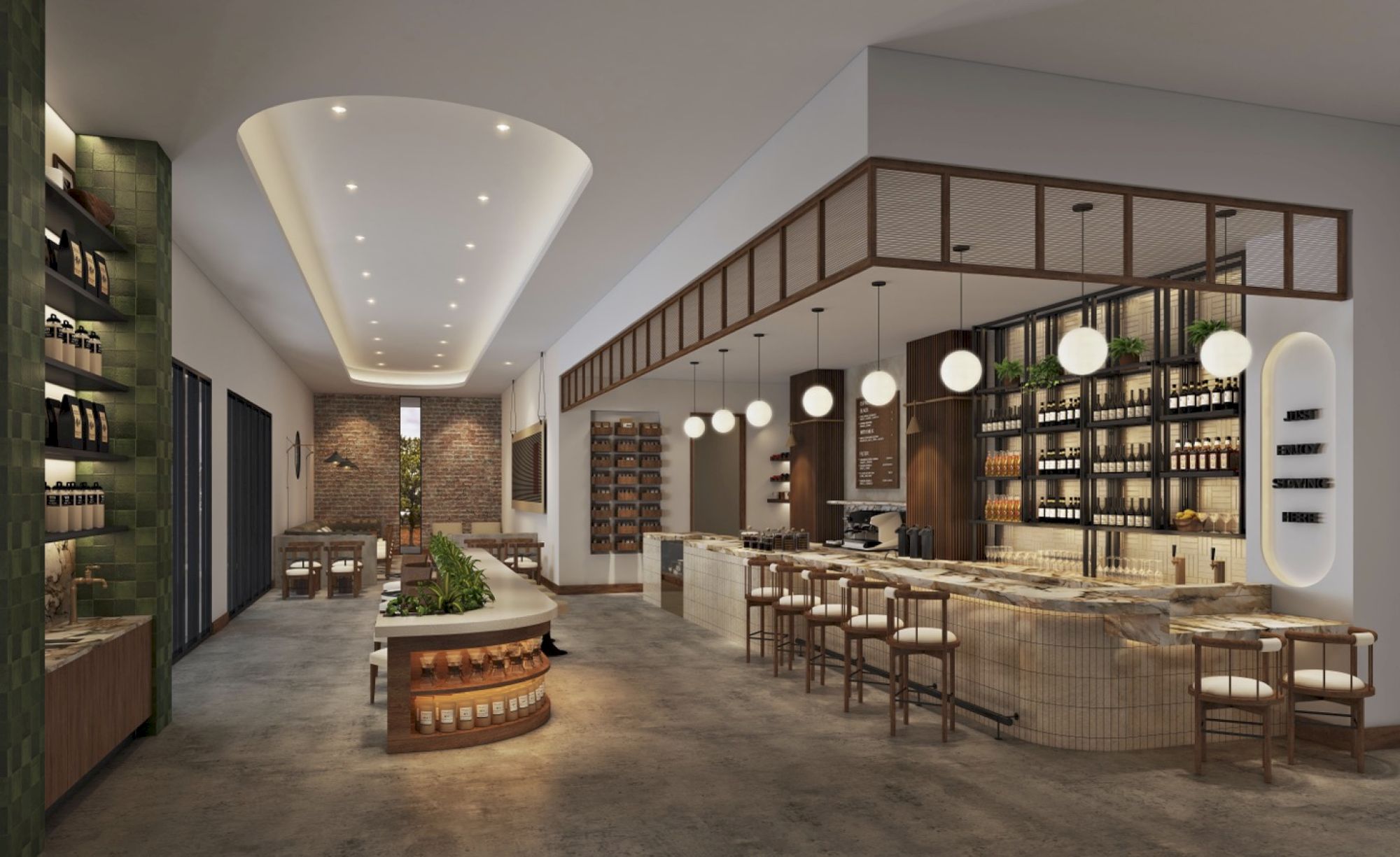 The image shows a modern restaurant interior with elegant wooden furnishings, a long bar, and ambient lighting.