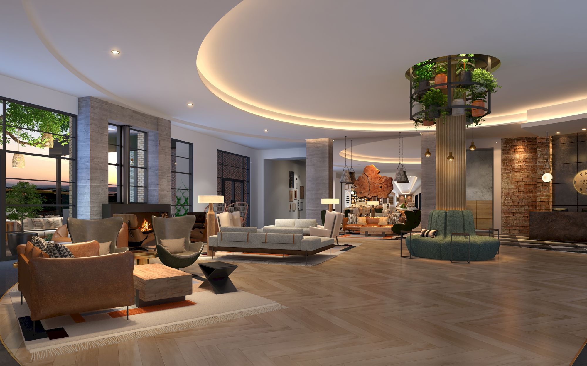 A spacious, modern interior with contemporary furniture, elegant lighting, wooden flooring, and a plant feature, creating a stylish ambiance.