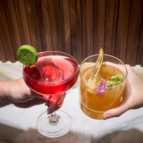Two hands holding cocktails: one red with a lime garnish, the other amber with flowers and a decorative stick. They're toasting.