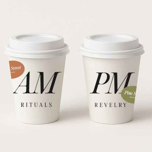 Two coffee cups labeled "AM Rituals" with "Street Hazelnut" and "PM Revelry" with "Blue Stone."