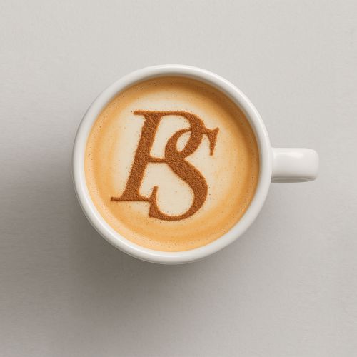 A cup of coffee with latte art featuring stylized letters on a light gray background.