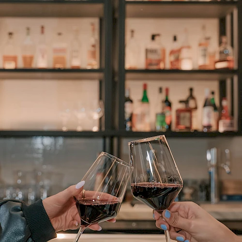 Two people clink wine glasses over a bar counter, with shelves of assorted bottles blurred in the background.