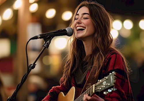 A woman smiles while playing guitar and singing into a microphone, surrounded by glowing lights and a lively atmosphere.