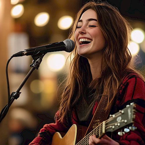 A woman smiles while playing guitar and singing into a microphone, surrounded by glowing lights and a lively atmosphere.