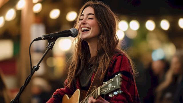 A woman smiles while playing guitar and singing into a microphone, surrounded by glowing lights and a lively atmosphere.