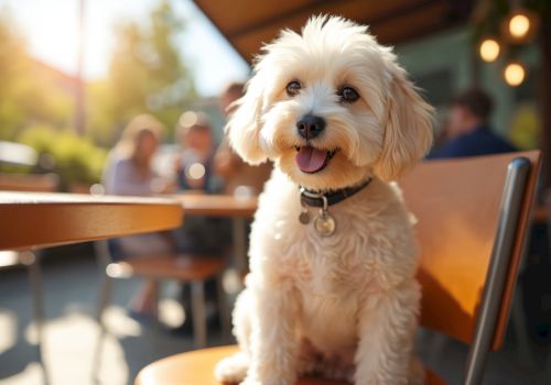 A small, fluffy dog with a collar sits on a chair outdoors, with people in the blurred background and sunlight filtering through.