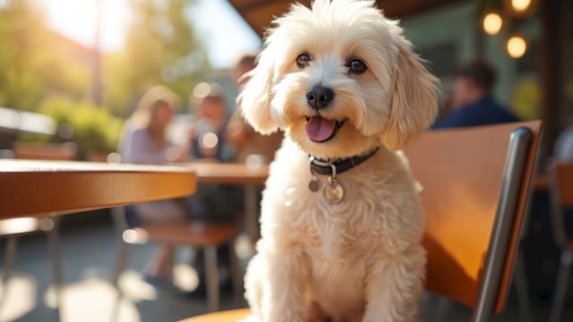 A small, fluffy dog with a collar sits on a chair outdoors, with people in the blurred background and sunlight filtering through.