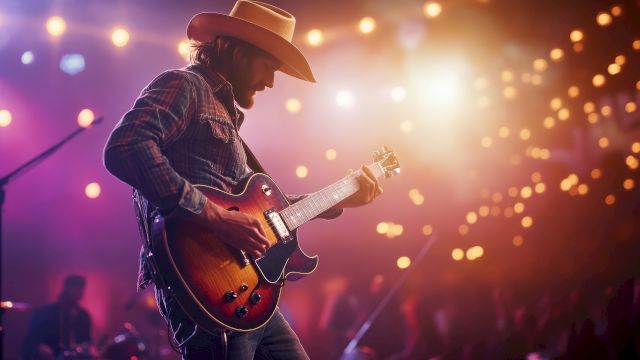 A musician in a hat plays an electric guitar on stage with bright lights and a lively atmosphere, creating a vibrant performance scene.